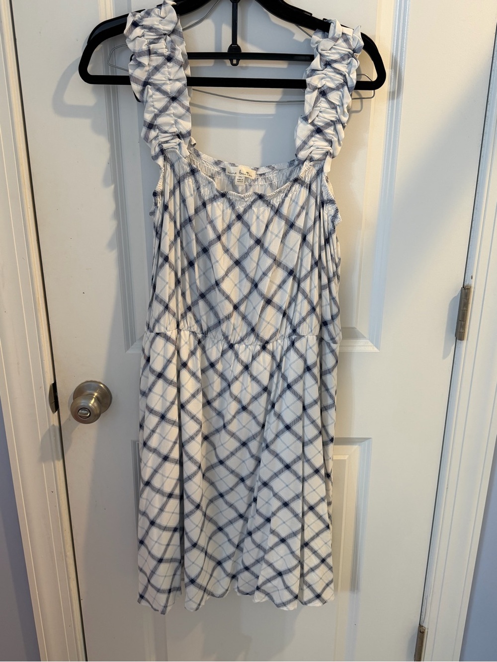 nine britton White and Navy Plaid Ruffle-Strap Mini Dress